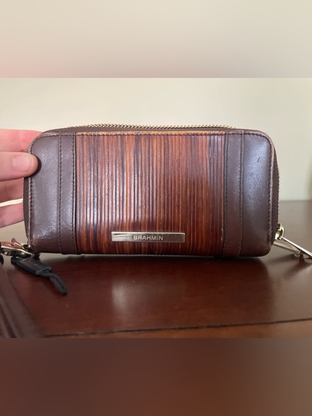 Brahmin Chestnut Brown Textured Leather Zip Wallet